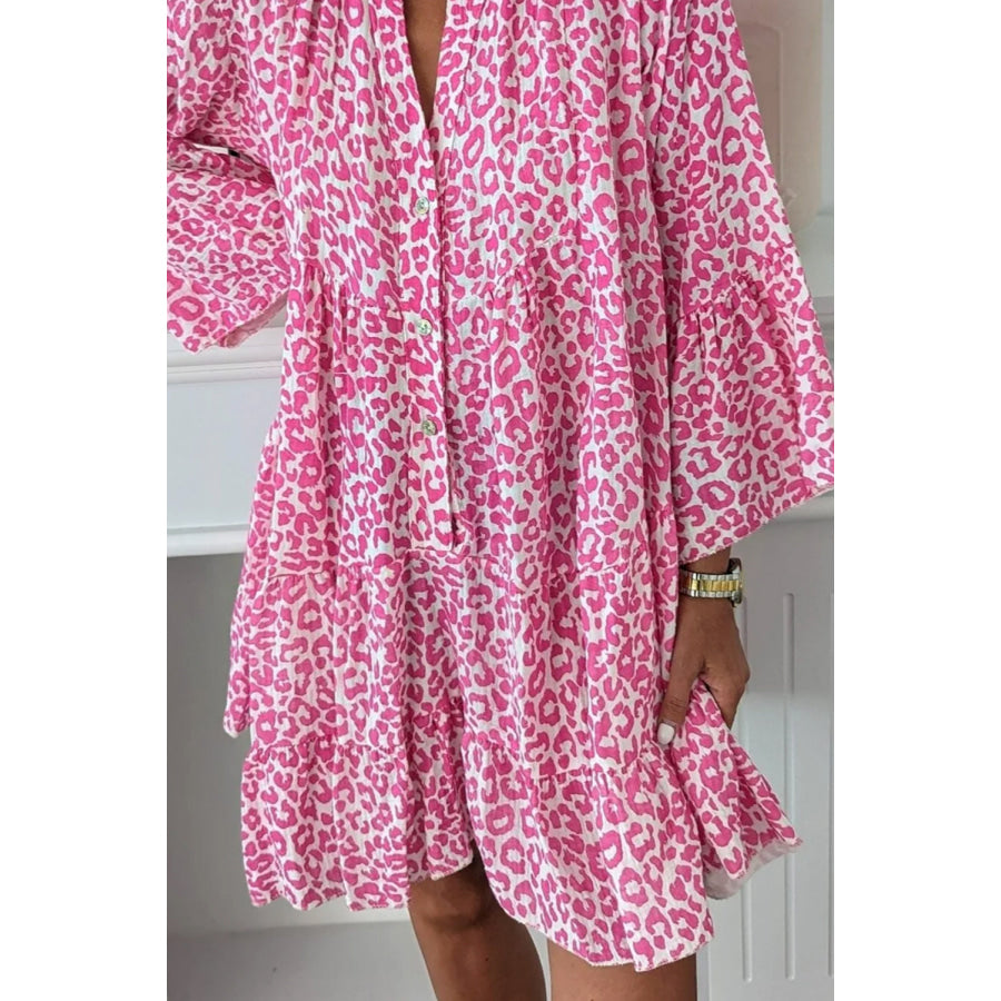 Bright Pink Leopard Printed Long Sleeve Buttoned Front Mini Dress Bright Pink / S / 100% Polyester Dresses/Mini Dresses