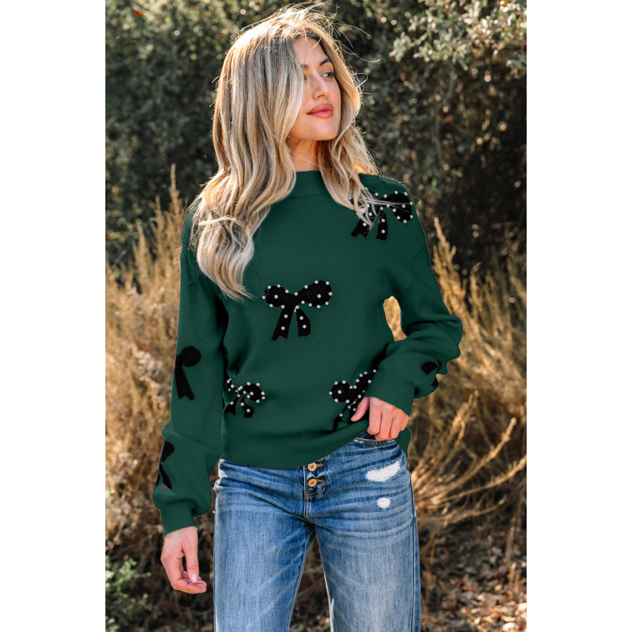 Bright Pink Pearl Embellished Bow Pattern Loose Sweater Blackish Green / S / 52% Viscose + 26% Polyester + 22% Polyamide Sweaters &