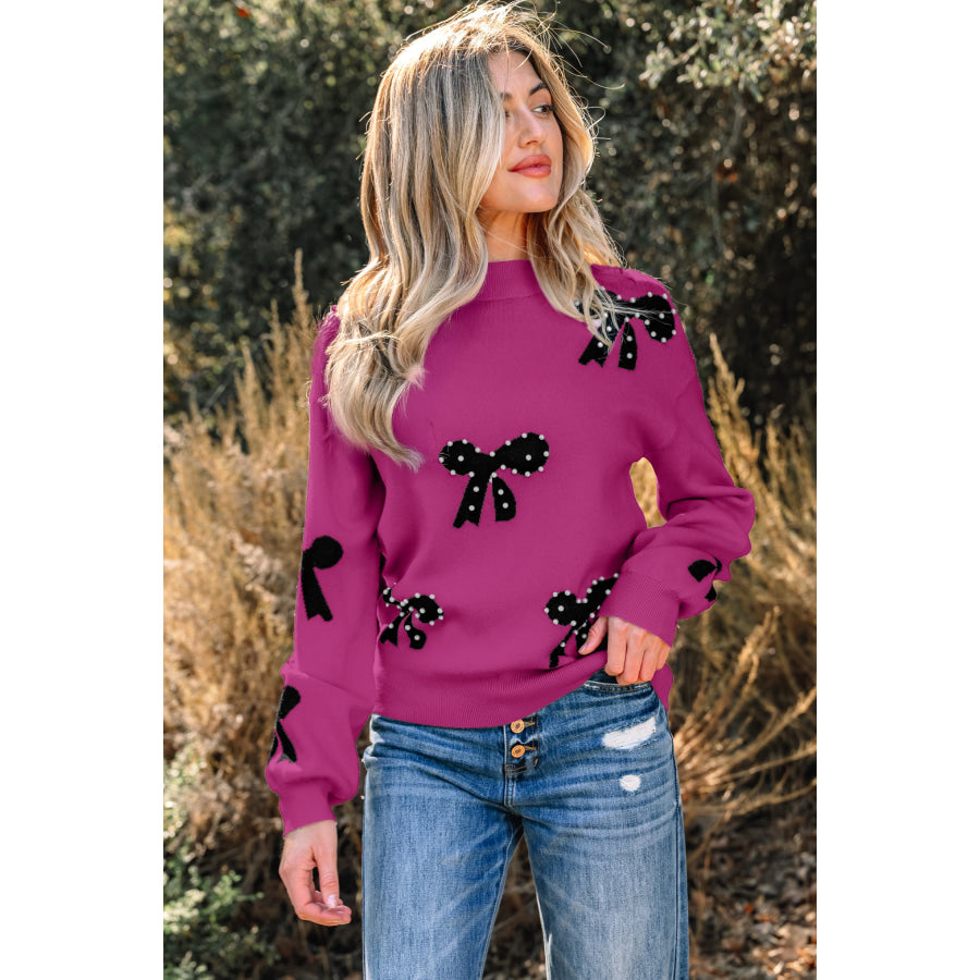 Bright Pink Pearl Embellished Bow Pattern Loose Sweater Bright Pink / S / 52% Viscose + 26% Polyester + 22% Polyamide Sweaters &