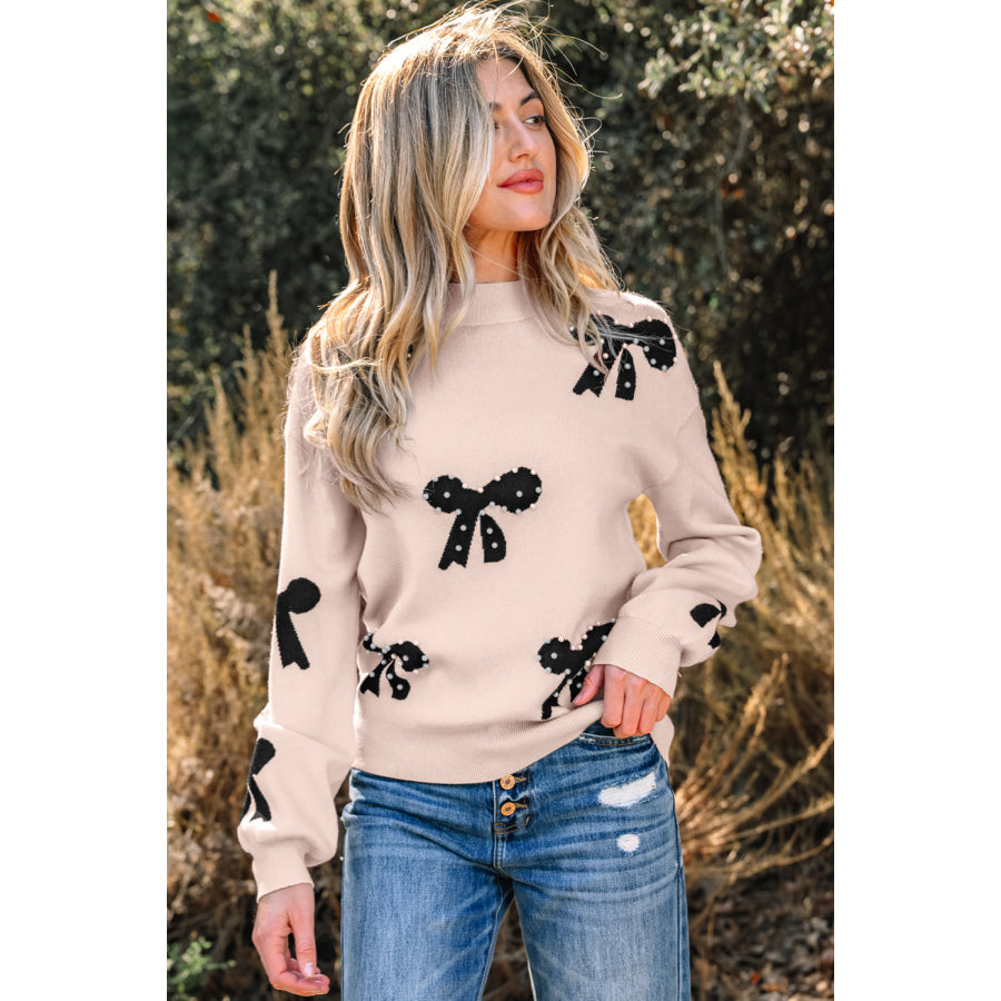 Bright Pink Pearl Embellished Bow Pattern Loose Sweater Smoke Gray / S / 52% Viscose + 26% Polyester + 22% Polyamide Sweaters &