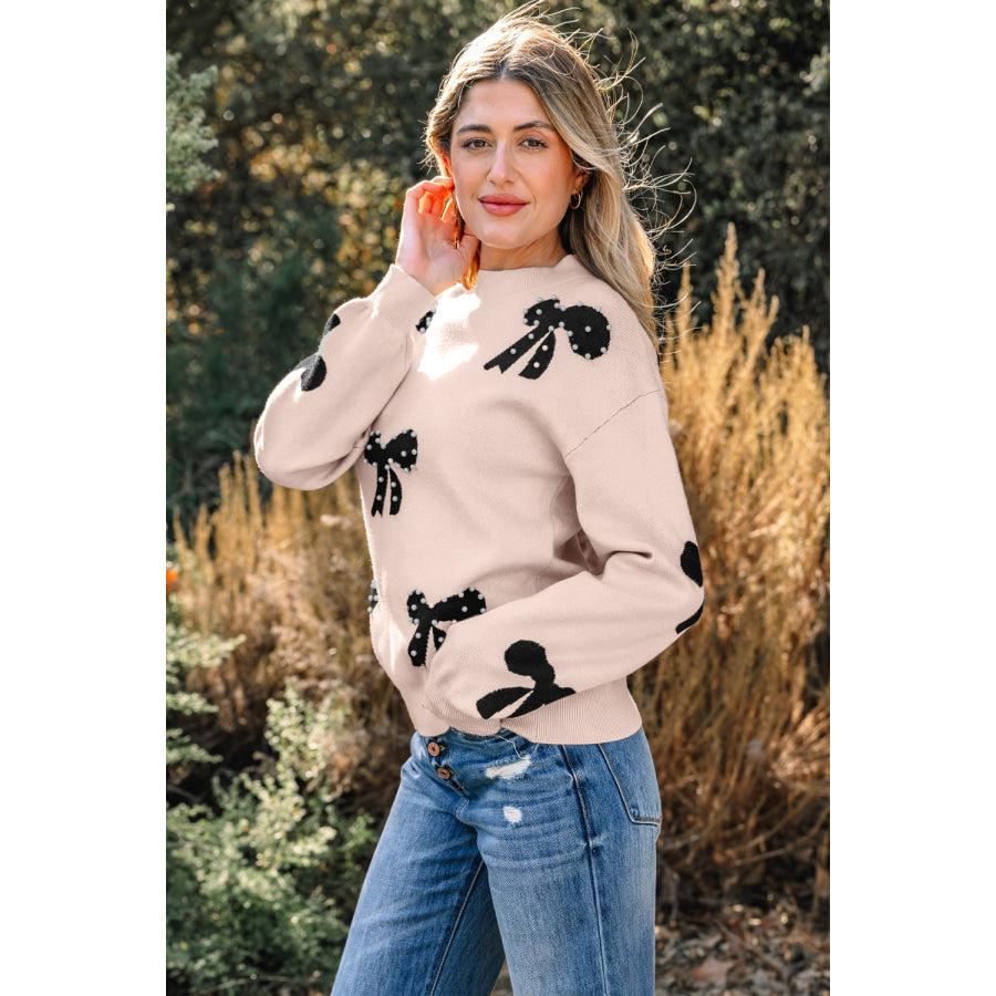 Bright Pink Pearl Embellished Bow Pattern Loose Sweater Sweaters & Cardigans/Sweaters