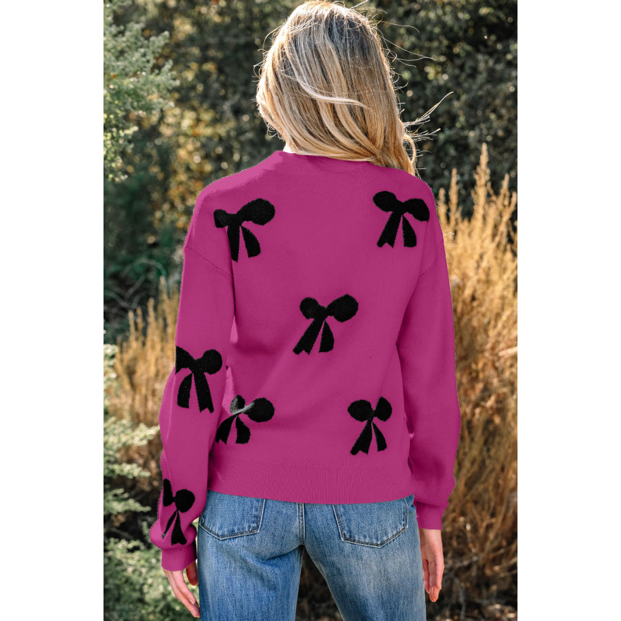 Bright Pink Pearl Embellished Bow Pattern Loose Sweater Sweaters & Cardigans/Sweaters