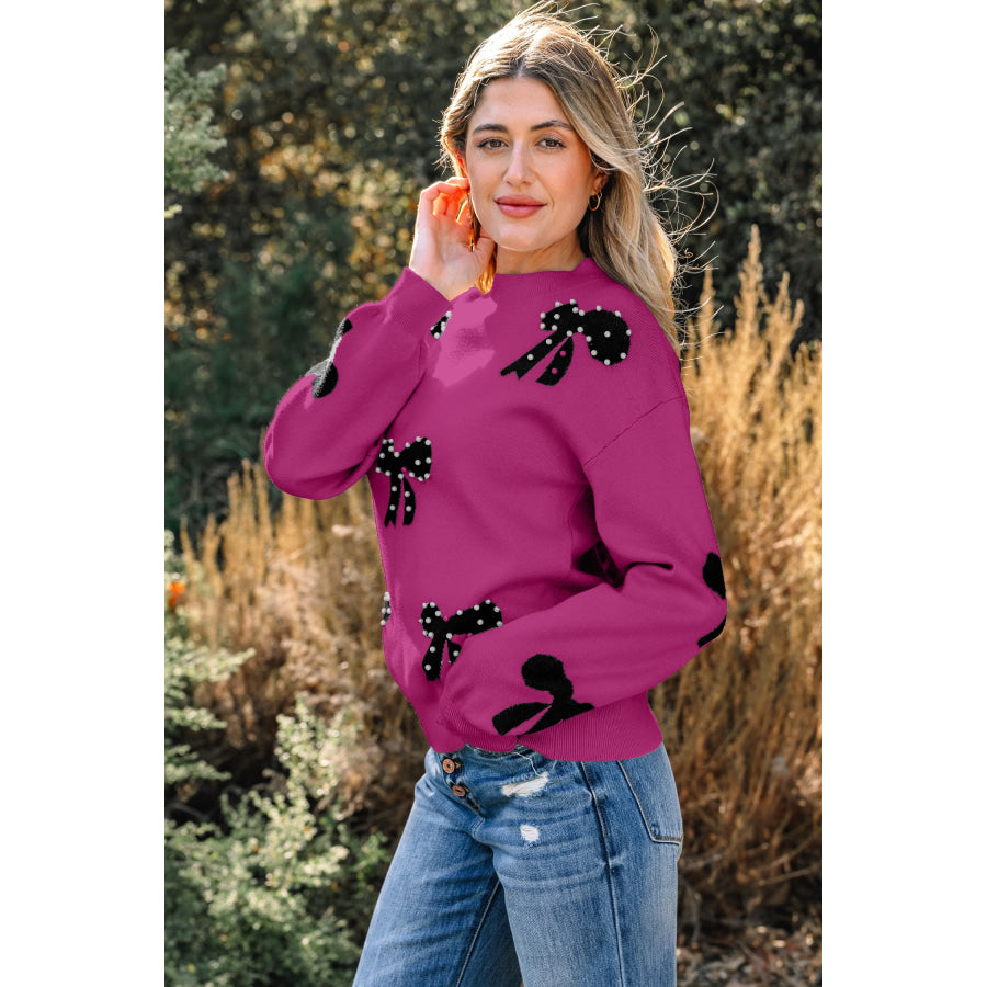 Bright Pink Pearl Embellished Bow Pattern Loose Sweater Sweaters & Cardigans/Sweaters