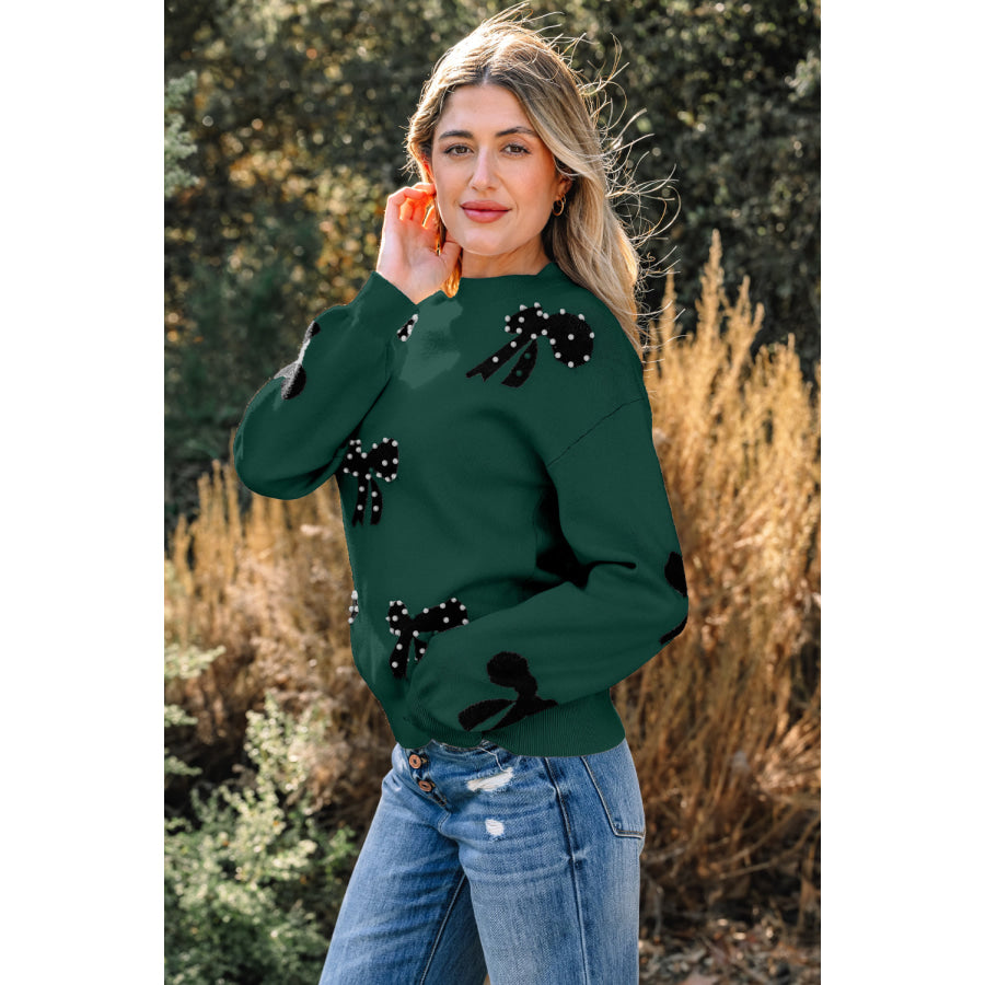 Bright Pink Pearl Embellished Bow Pattern Loose Sweater Sweaters & Cardigans/Sweaters