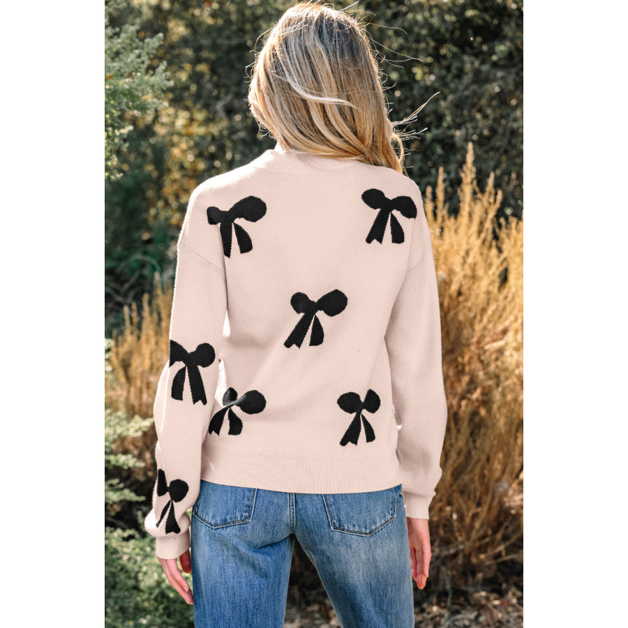 Bright Pink Pearl Embellished Bow Pattern Loose Sweater Sweaters & Cardigans/Sweaters