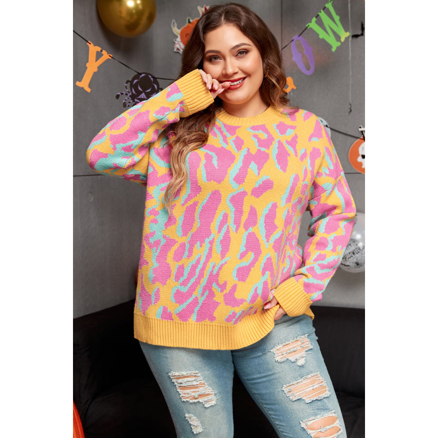 Bright Pink Plus Size Leopard Ribbed Trim Sweater Bright Pink / 1X / 50% Viscose + 28% Polyester + 22% Polyamide Sale (50% OFF)/Sale (50%