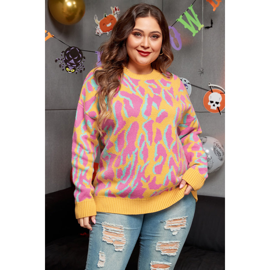 Bright Pink Plus Size Leopard Ribbed Trim Sweater Sale (50% OFF)/Sale (50% OFF)