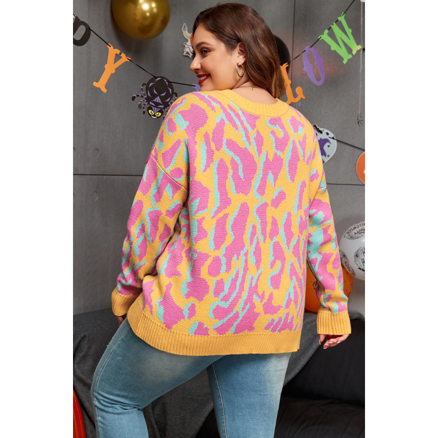 Bright Pink Plus Size Leopard Ribbed Trim Sweater Bright Pink / 1X / 50% Viscose + 28% Polyester + 22% Polyamide Sale (50% OFF)/Sale (50%