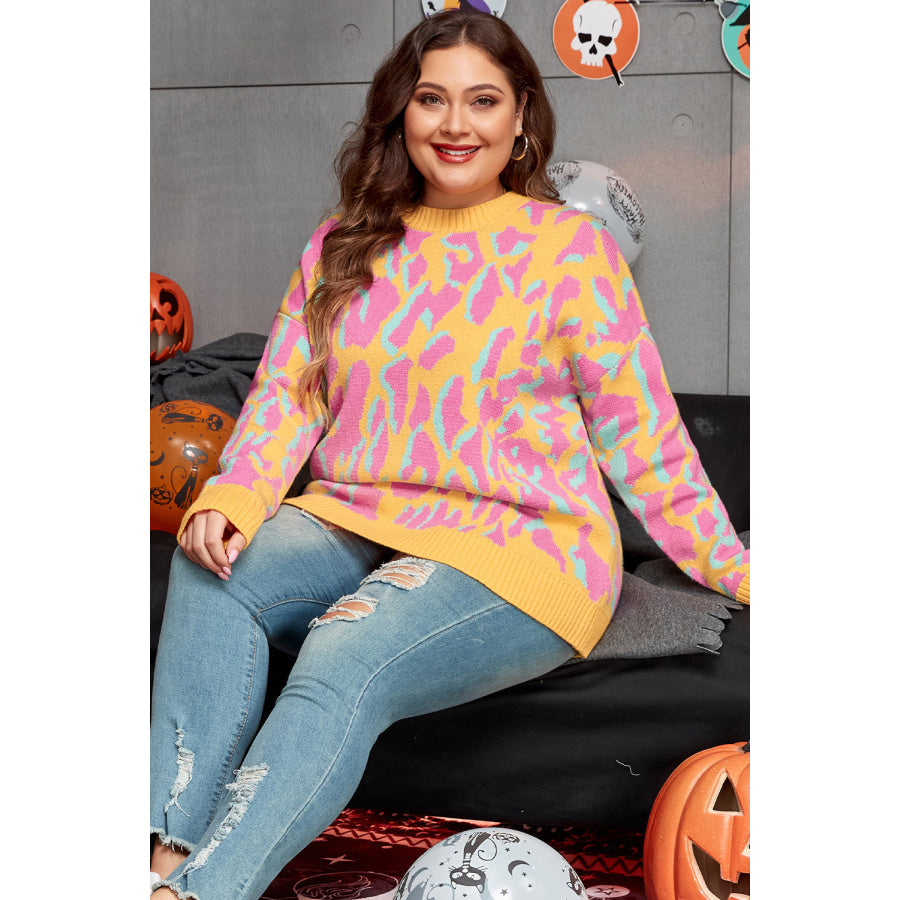 Bright Pink Plus Size Leopard Ribbed Trim Sweater Sale (50% OFF)/Sale (50% OFF)