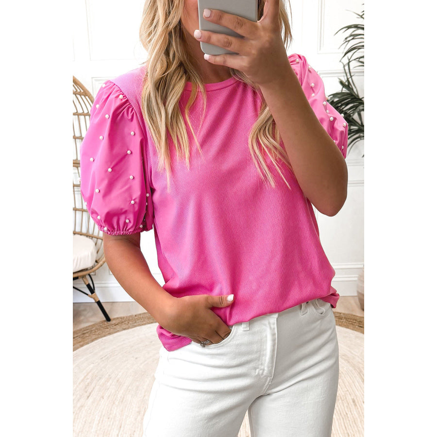 Bright Pink Ribbed Pearl Beaded Puff Sleeve Top Bright Pink / S / 93% Viscose + 7% Elastane Tops/Blouses & Shirts