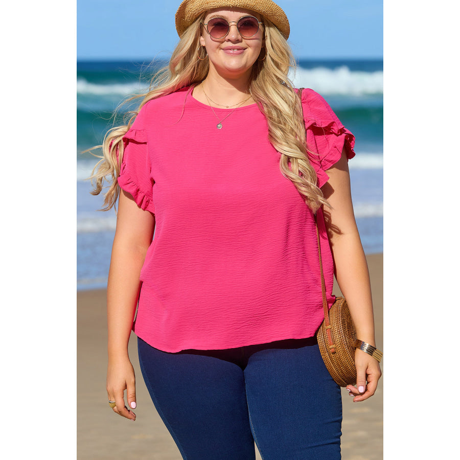 Bright Pink Ruffled Short Sleeve Plus Size Top Bright Pink / 1X / 100% Polyester Plus Size/Plus Size Tops/Plus Size Tops &amp; Tees