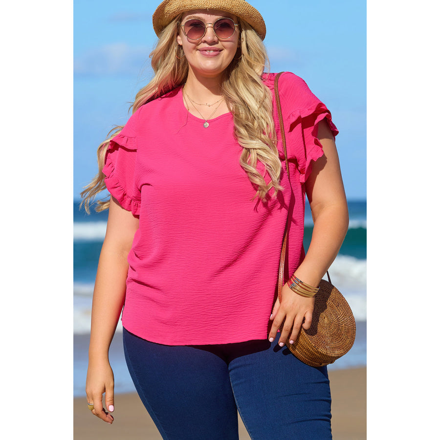 Bright Pink Ruffled Short Sleeve Plus Size Top Plus Size/Plus Size Tops/Plus Size Tops &amp; Tees