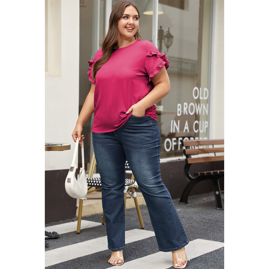 Bright Pink Ruffled Short Sleeve Plus Size Top Plus Size/Plus Size Tops/Plus Size Tops &amp; Tees