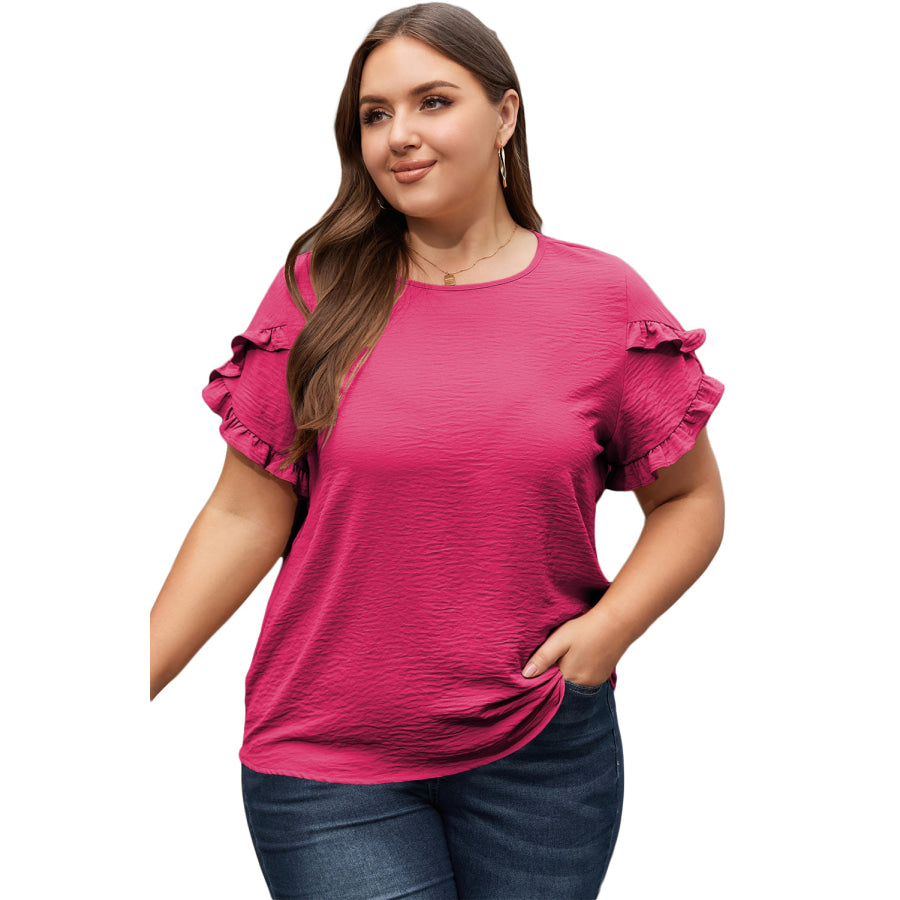 Bright Pink Ruffled Short Sleeve Plus Size Top Plus Size/Plus Size Tops/Plus Size Tops &amp; Tees