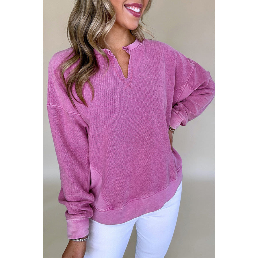 Bright Pink Solid Color Notched Neck Drop Shoulder Sweatshirt Bright Pink / S / 65% Polyester + 35% Cotton Tops/Sweatshirts &amp; Hoodies