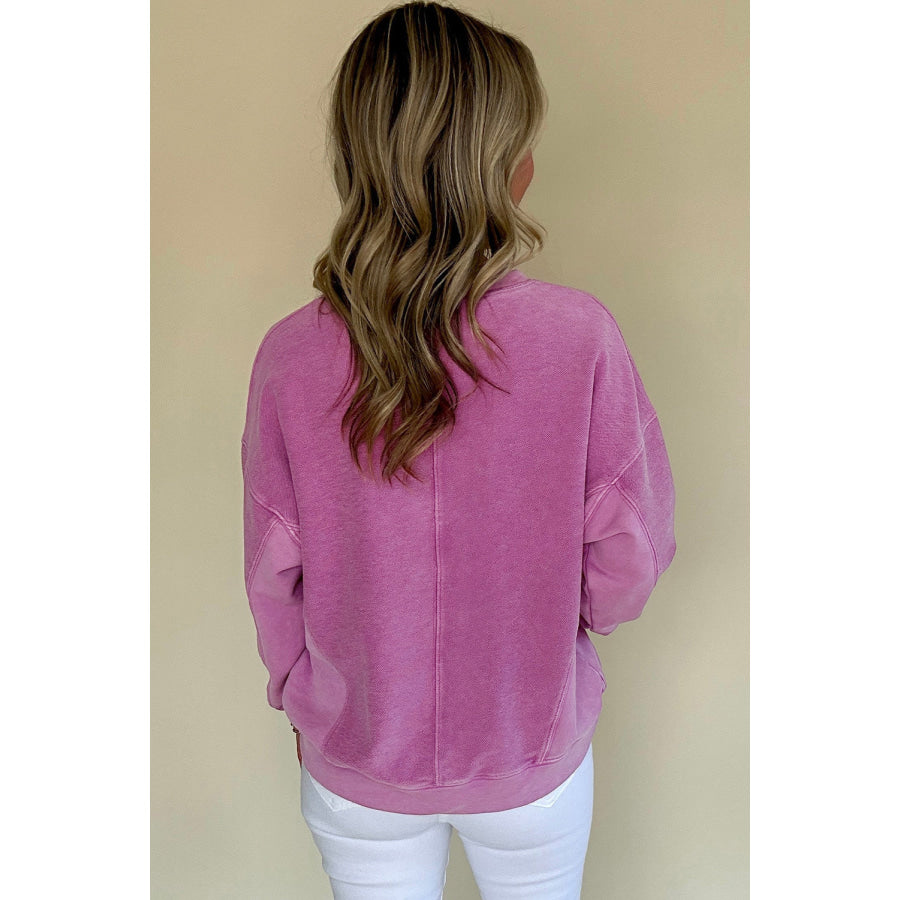 Bright Pink Solid Color Notched Neck Drop Shoulder Sweatshirt Tops/Sweatshirts &amp; Hoodies