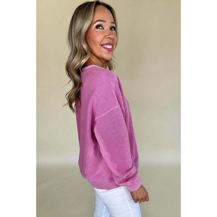 Bright Pink Solid Color Notched Neck Drop Shoulder Sweatshirt Tops/Sweatshirts &amp; Hoodies