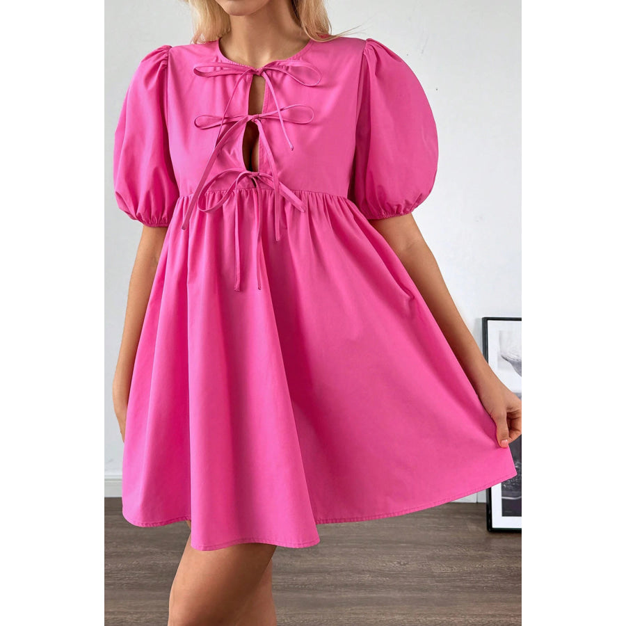 Bright Pink Solid Color Puff Sleeve Tie Front High Waist Mini Dress Dresses/Mini Dresses