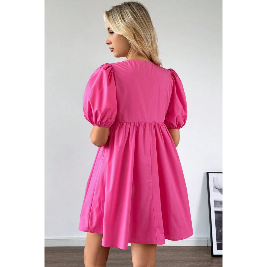 Bright Pink Solid Color Puff Sleeve Tie Front High Waist Mini Dress Dresses/Mini Dresses