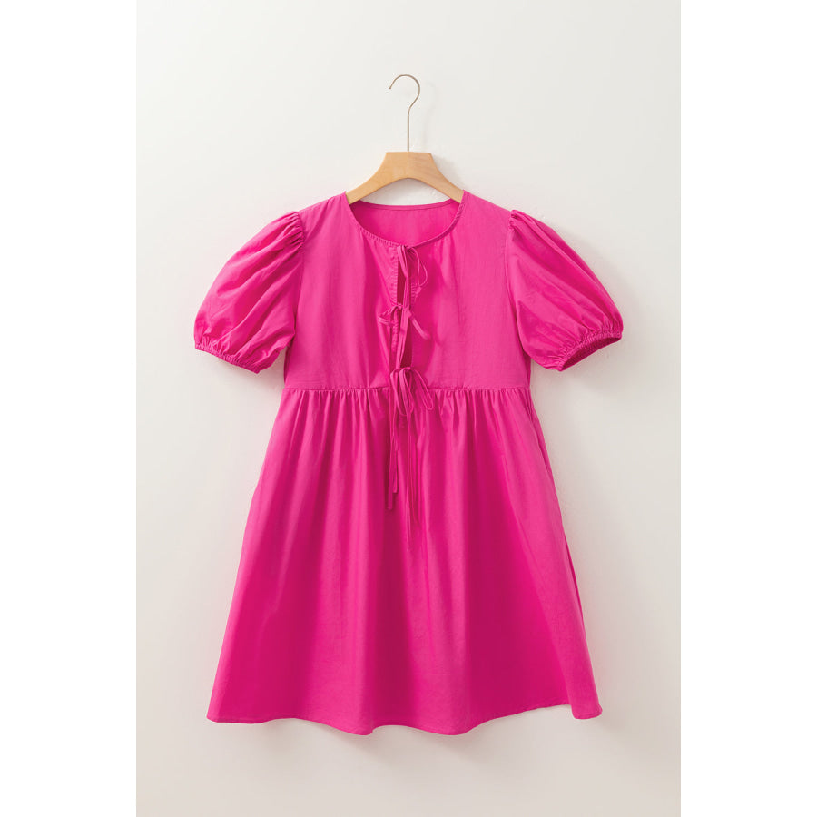 Bright Pink Solid Color Puff Sleeve Tie Front High Waist Mini Dress Dresses/Mini Dresses