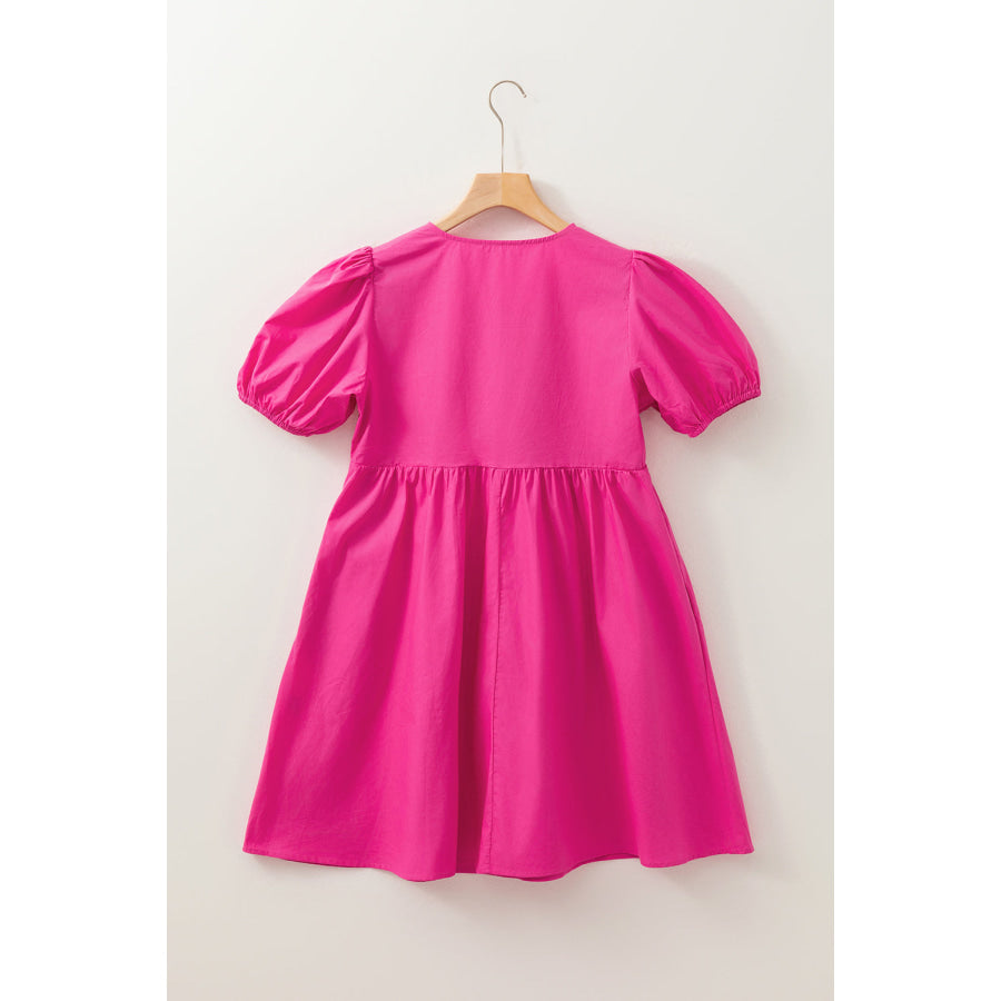 Bright Pink Solid Color Puff Sleeve Tie Front High Waist Mini Dress Dresses/Mini Dresses