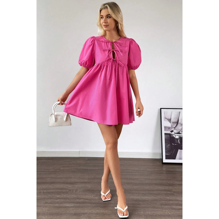 Bright Pink Solid Color Puff Sleeve Tie Front High Waist Mini Dress Dresses/Mini Dresses