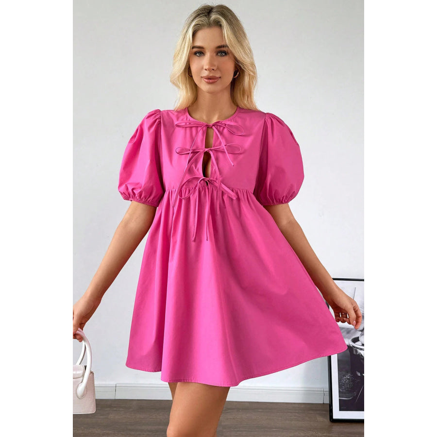 Bright Pink Solid Color Puff Sleeve Tie Front High Waist Mini Dress Dresses/Mini Dresses