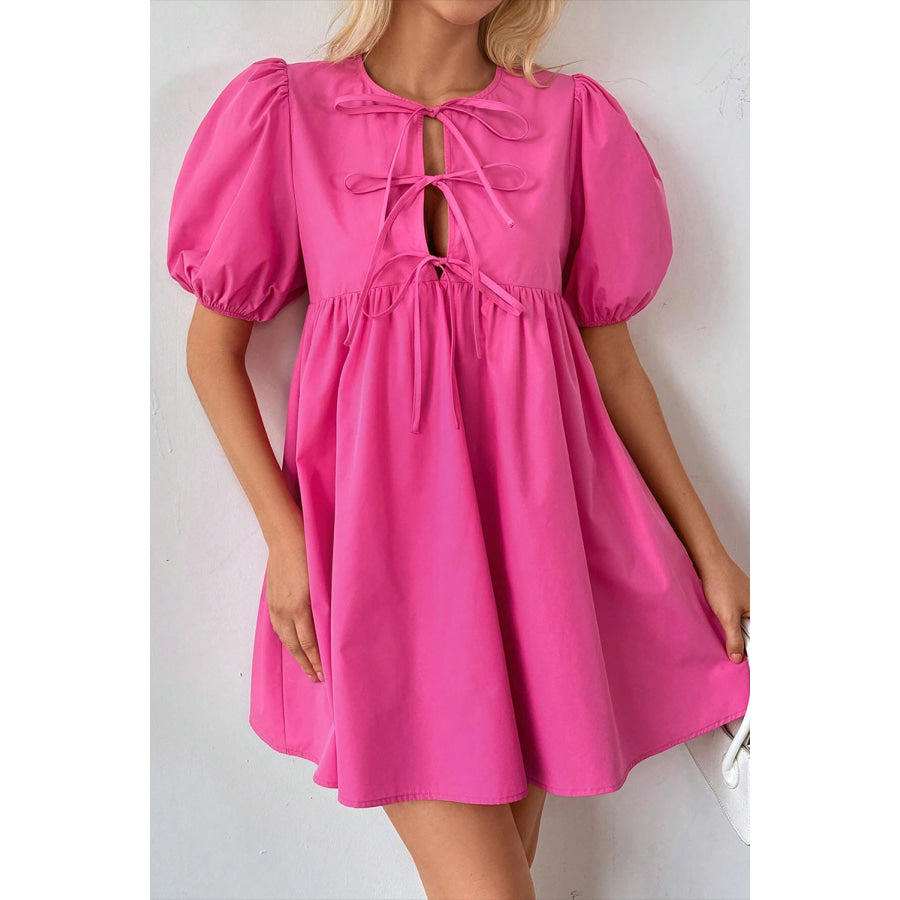 Bright Pink Solid Color Puff Sleeve Tie Front High Waist Mini Dress Bright Pink / S / 100% Cotton Dresses/Mini Dresses