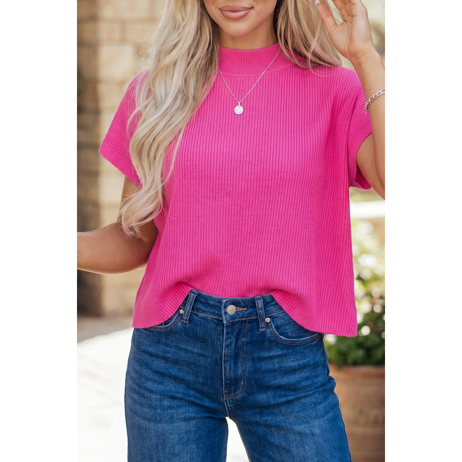 Bright Pink Solid Color Ribbed Knit Mock Neck Loose Short Sleeve Sweater Bright Pink / S / 100% Viscose Sweaters & Cardigans/Short Sleeve