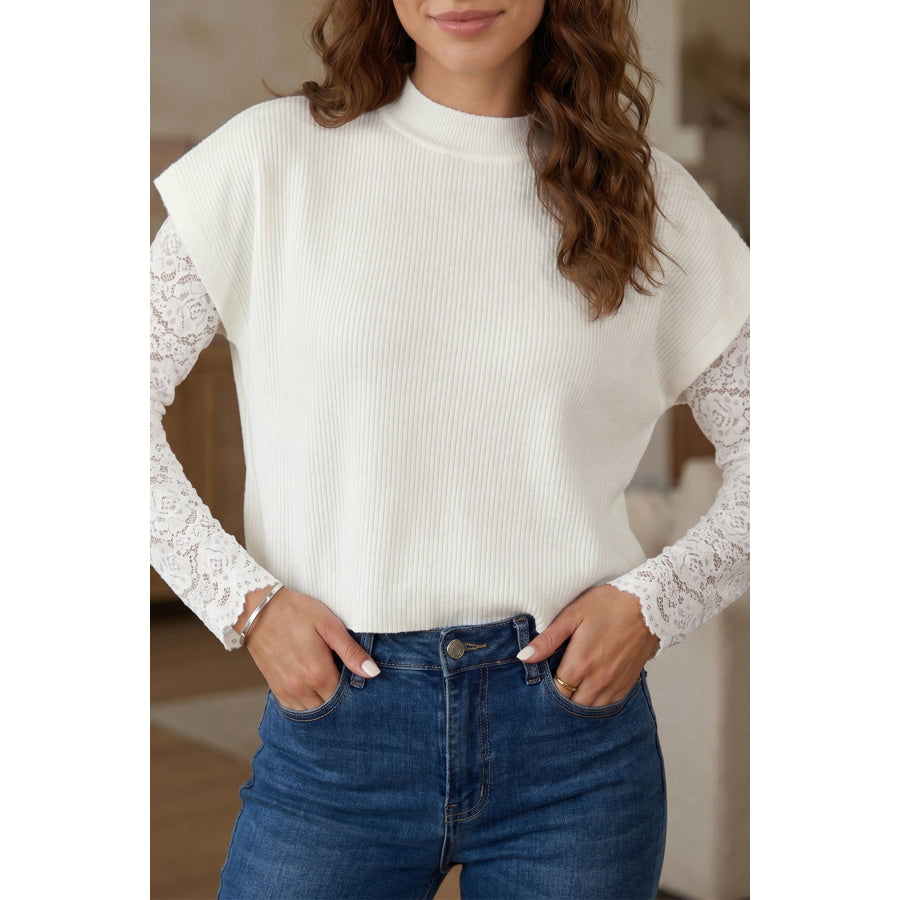 Bright Pink Solid Color Ribbed Knit Mock Neck Loose Short Sleeve Sweater White / S / 100% Viscose Sweaters & Cardigans/Short Sleeve Sweaters