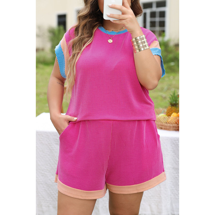 Bright Pink Textured Knit Contrast Trim Plus Shorts Set Plus Size/Plus Size Loungewear