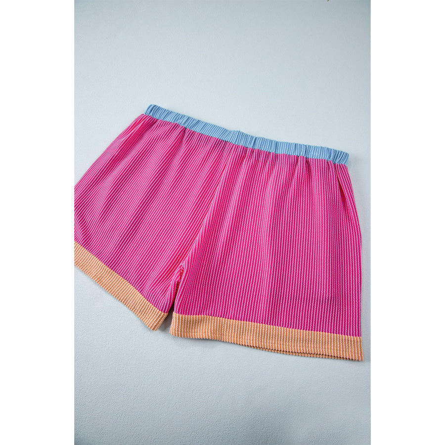 Bright Pink Textured Knit Contrast Trim Plus Shorts Set Plus Size/Plus Size Loungewear