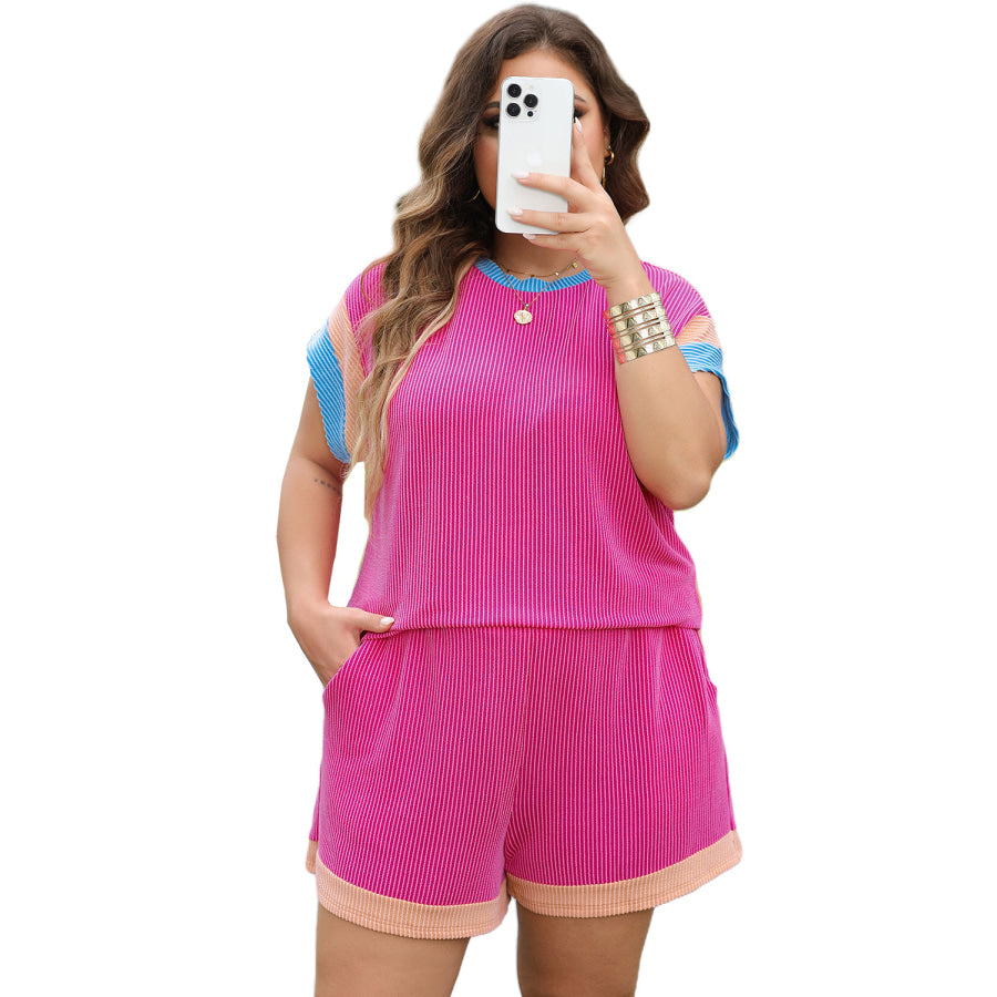 Bright Pink Textured Knit Contrast Trim Plus Shorts Set Plus Size/Plus Size Loungewear