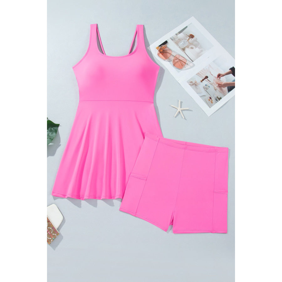 Bright Pink Twisted Strappy Back Active Mini Dress with Shorts Dresses/Mini Dresses