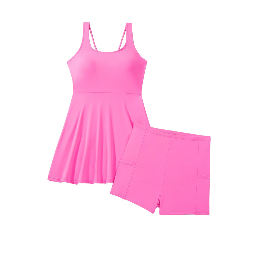 Bright Pink Twisted Strappy Back Active Mini Dress with Shorts Dresses/Mini Dresses