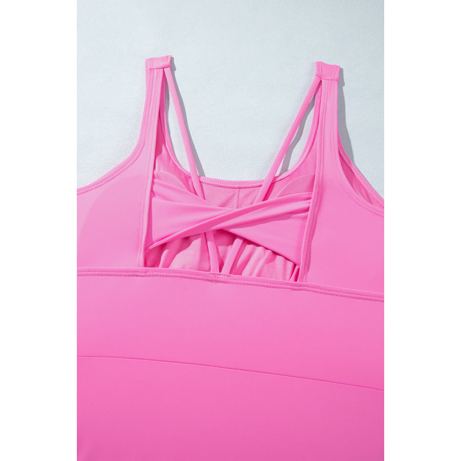 Bright Pink Twisted Strappy Back Active Mini Dress with Shorts Dresses/Mini Dresses