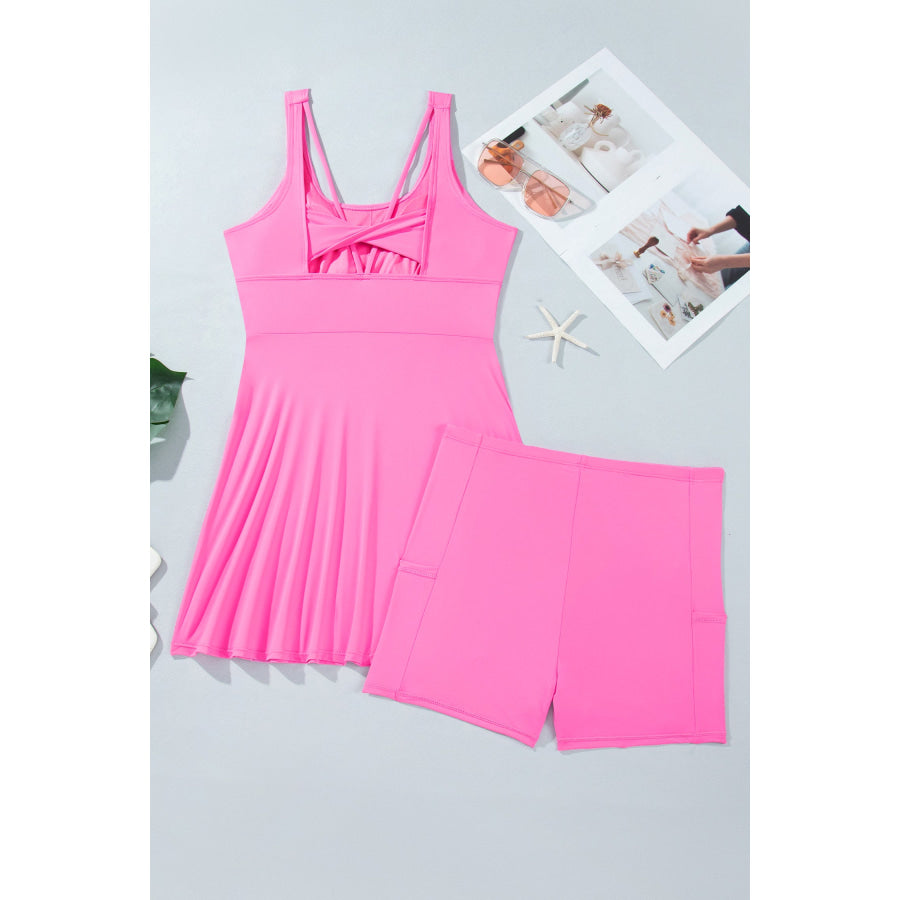 Bright Pink Twisted Strappy Back Active Mini Dress with Shorts Dresses/Mini Dresses