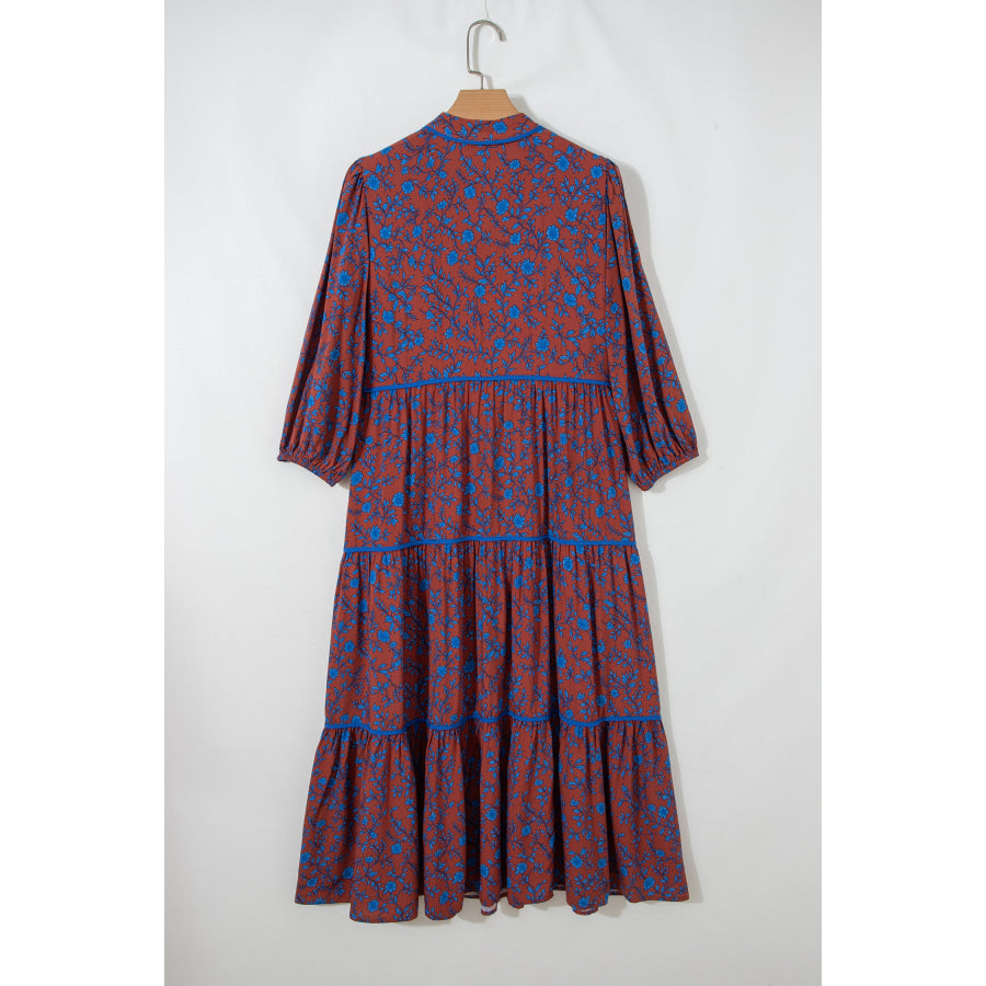 Brown 3/4 Puff Sleeve Tiered Loose Floral Dress Dresses/Floral Dresses
