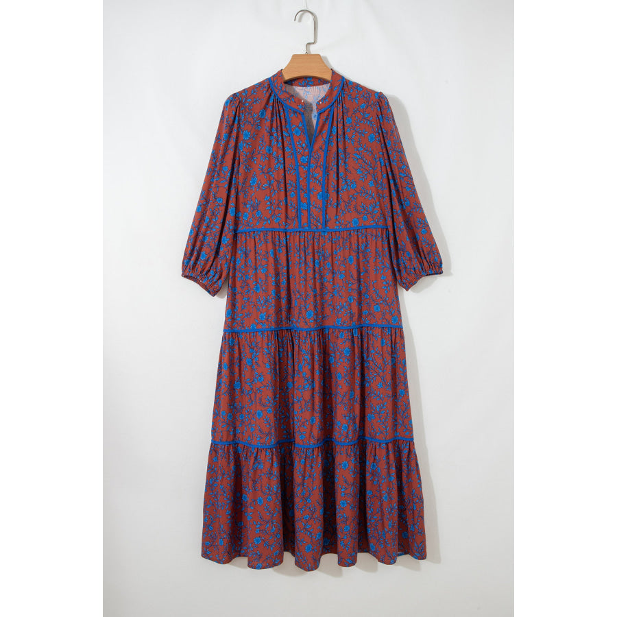 Brown 3/4 Puff Sleeve Tiered Loose Floral Dress Dresses/Floral Dresses