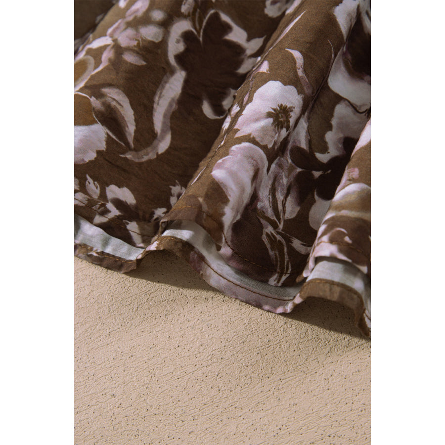 Brown Abstract Floral Print Square Neck Long Sleeve Mini Shift Dress Dresses/Mini Dresses