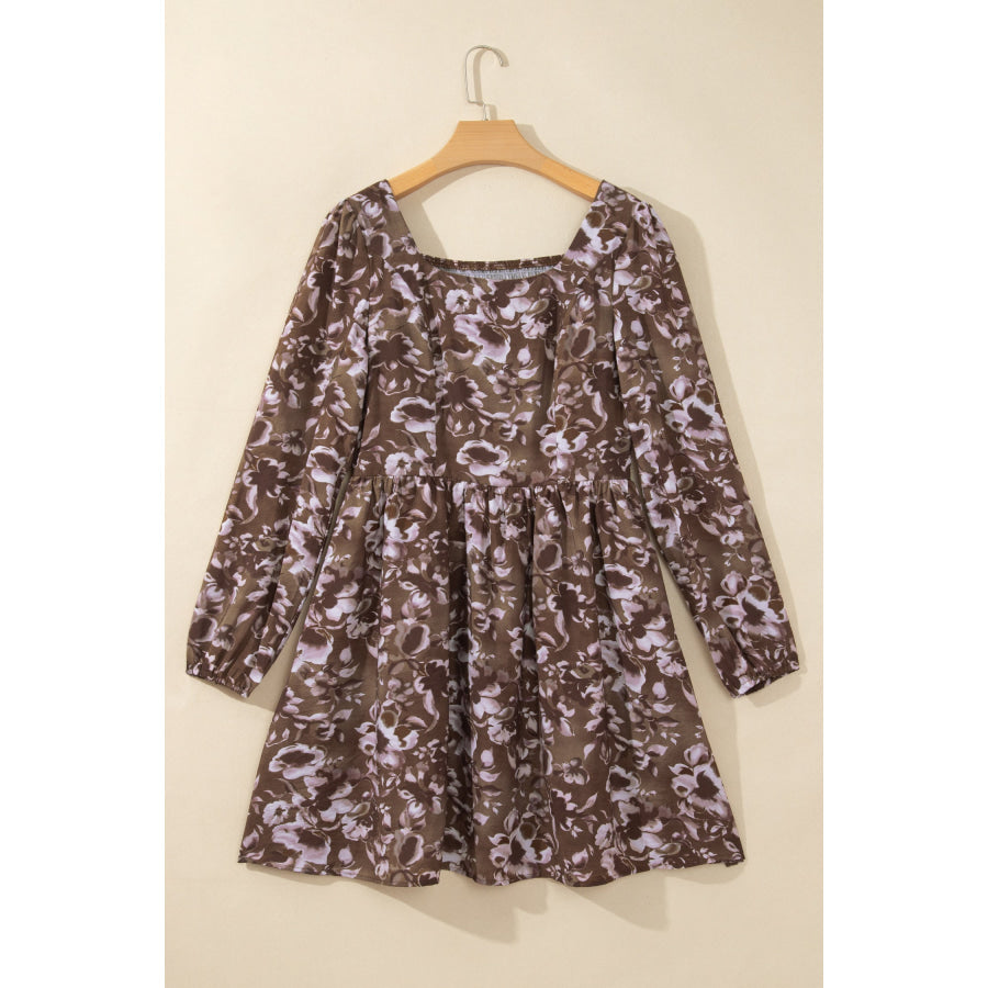 Brown Abstract Floral Print Square Neck Long Sleeve Mini Shift Dress Dresses/Mini Dresses