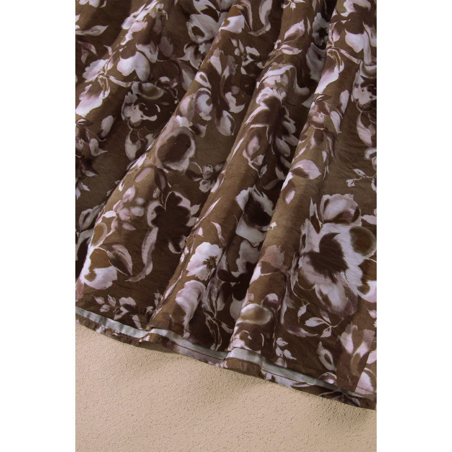 Brown Abstract Floral Print Square Neck Long Sleeve Mini Shift Dress Dresses/Mini Dresses