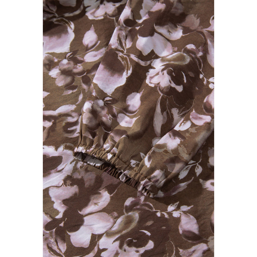 Brown Abstract Floral Print Square Neck Long Sleeve Mini Shift Dress Dresses/Mini Dresses