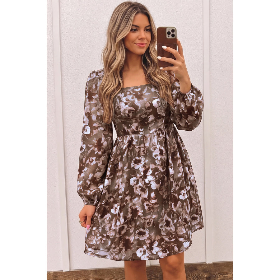 Brown Abstract Floral Print Square Neck Long Sleeve Mini Shift Dress Dresses/Mini Dresses