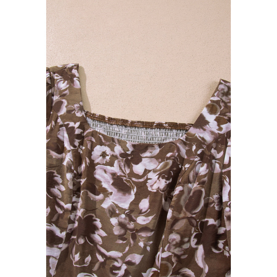 Brown Abstract Floral Print Square Neck Long Sleeve Mini Shift Dress Dresses/Mini Dresses