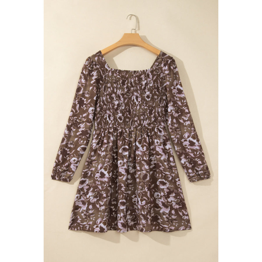 Brown Abstract Floral Print Square Neck Long Sleeve Mini Shift Dress Dresses/Mini Dresses