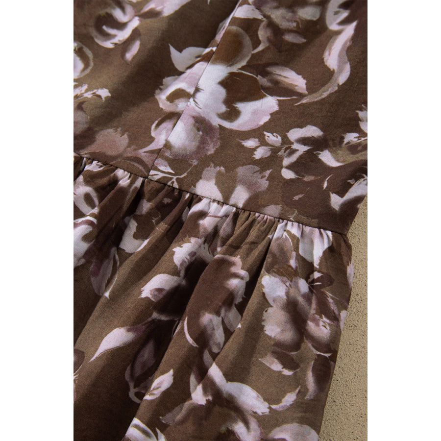 Brown Abstract Floral Print Square Neck Long Sleeve Mini Shift Dress Dresses/Mini Dresses