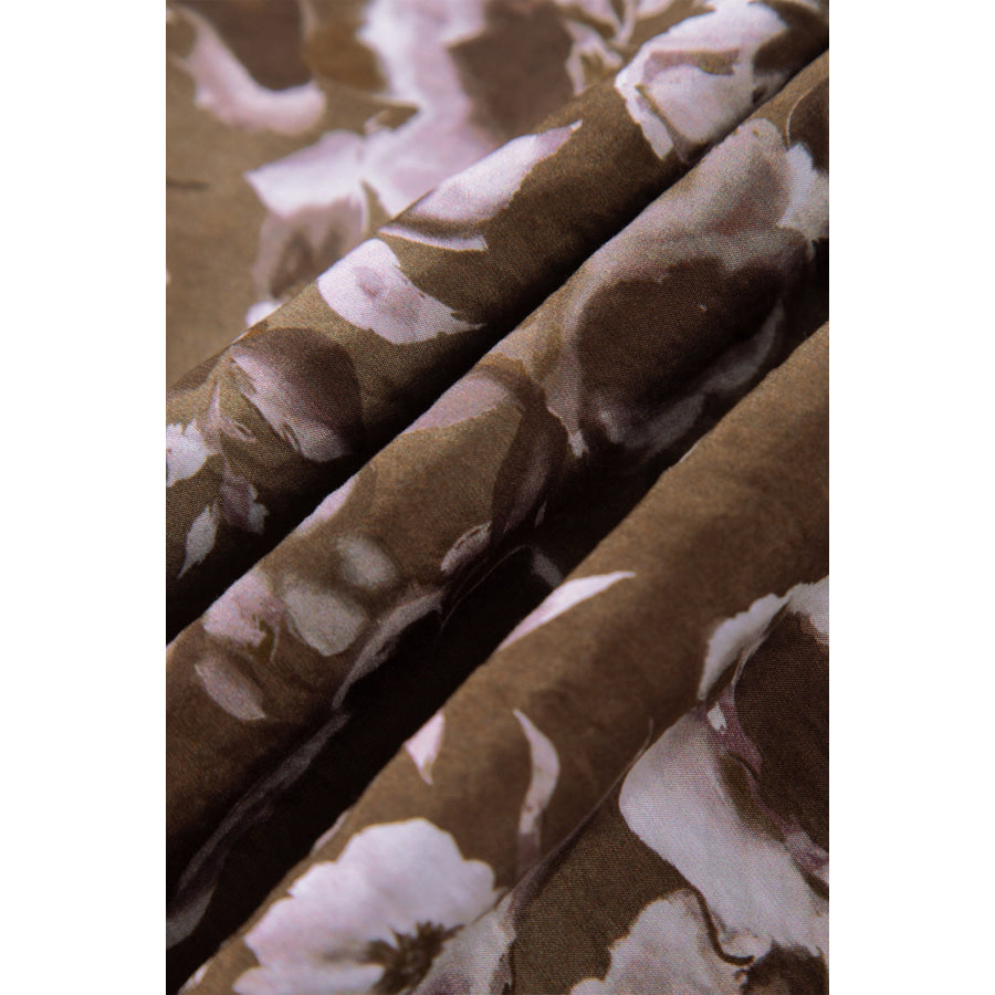 Brown Abstract Floral Print Square Neck Long Sleeve Mini Shift Dress Dresses/Mini Dresses