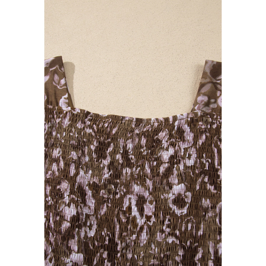 Brown Abstract Floral Print Square Neck Long Sleeve Mini Shift Dress Dresses/Mini Dresses