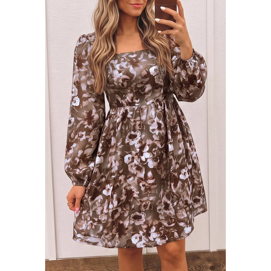 Brown Abstract Floral Print Square Neck Long Sleeve Mini Shift Dress Brown / S Dresses/Mini Dresses